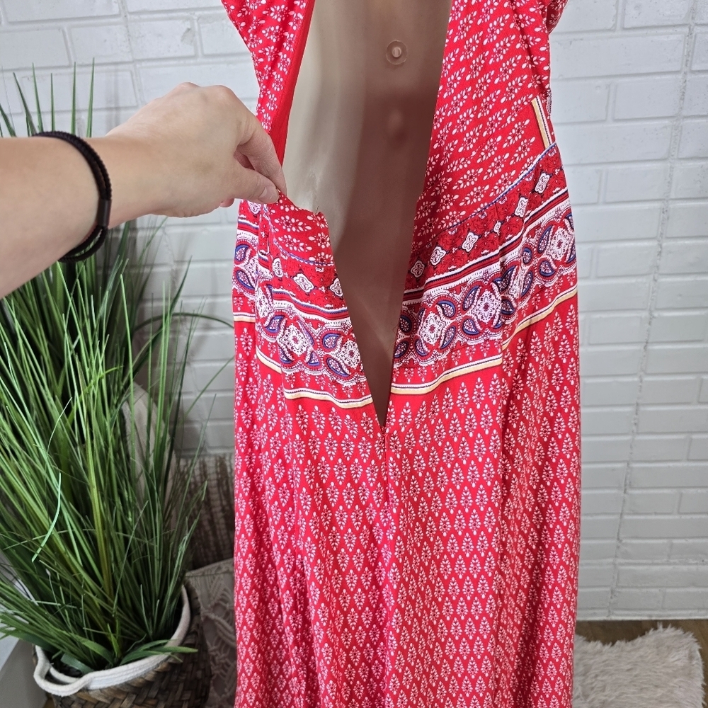 Southern Fried Chicks Boho Floral Paisley Strappy Maxi Dress size Small Red Blue - Picture 8 of 9